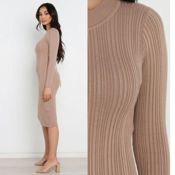 Petal & Pup NEW Milleri Long Sleeve Open Back Ribbed Dress in Camel Tan Size 10 - Picture 3 of 12